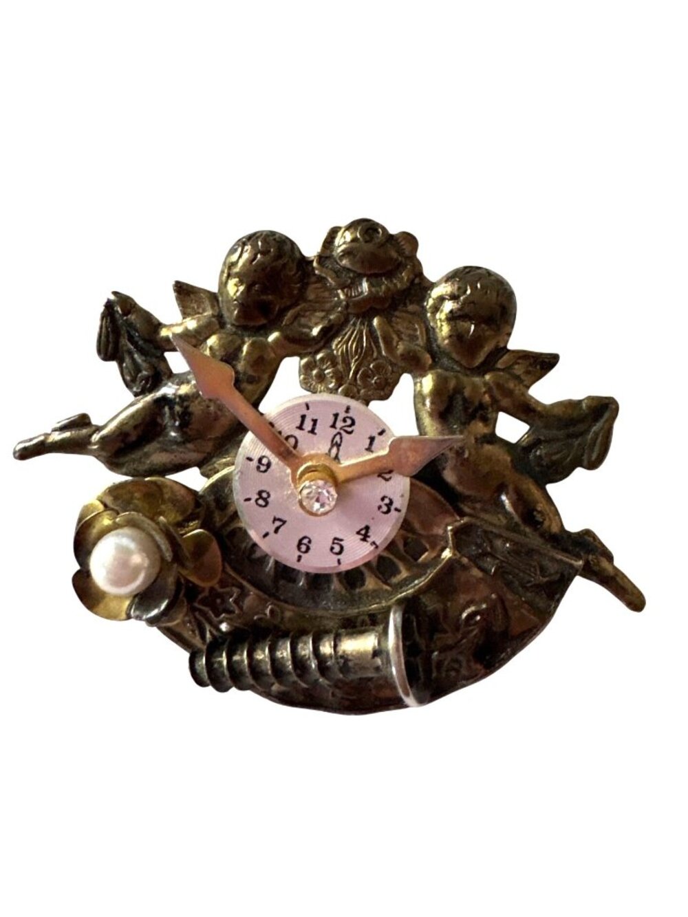 Vintage Cherub Ornate Brooch Clock Face Pearl Accent Gold-Tone Metal Pin